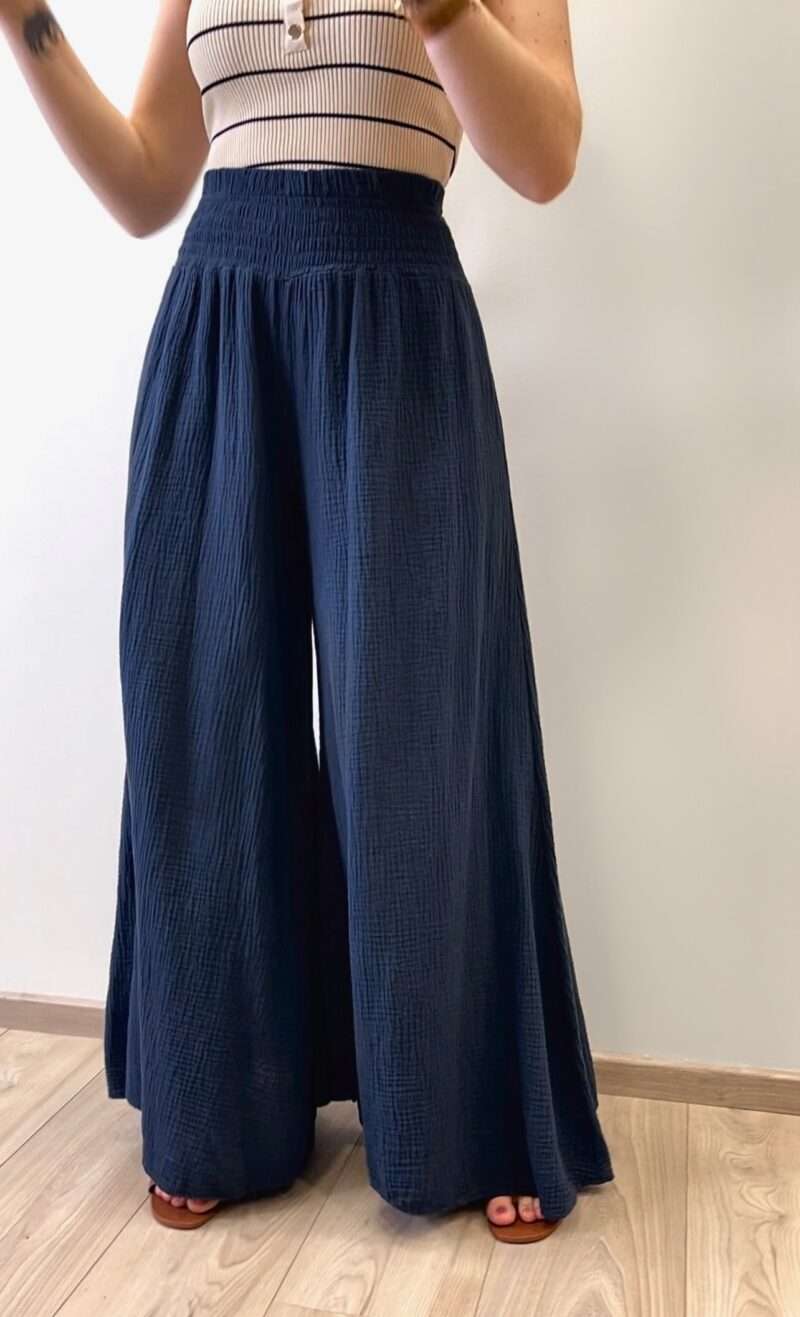 pantalon en gaze de coton évasé bleu marine ceinture extensible