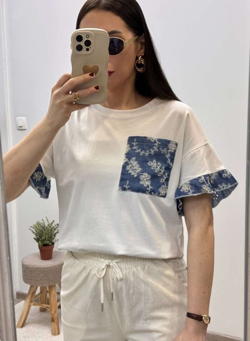 t-shirt brodé blanc poche jean – Image 2