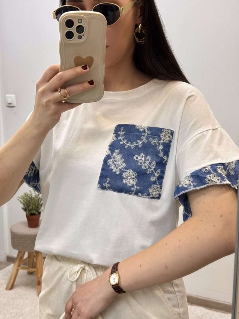 t-shirt brodé blanc poche jean – Image 4