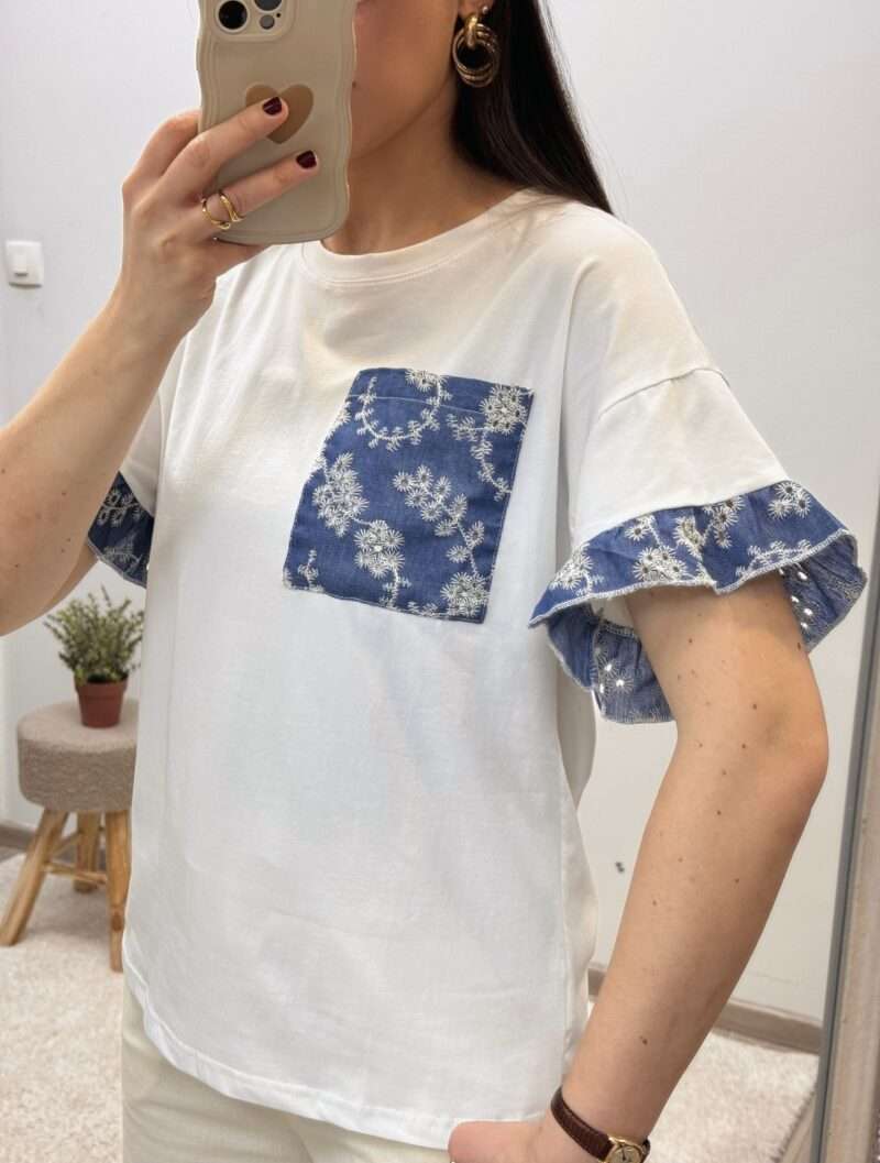 t-shirt brodé blanc poche jean – Image 3