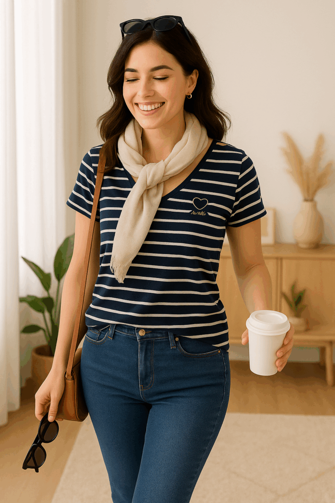 t-shirt marinière bleu marine de la marque de vêtements française c'est beau la vie, t-shirt rayé en coton pour femme porté avec un jean
