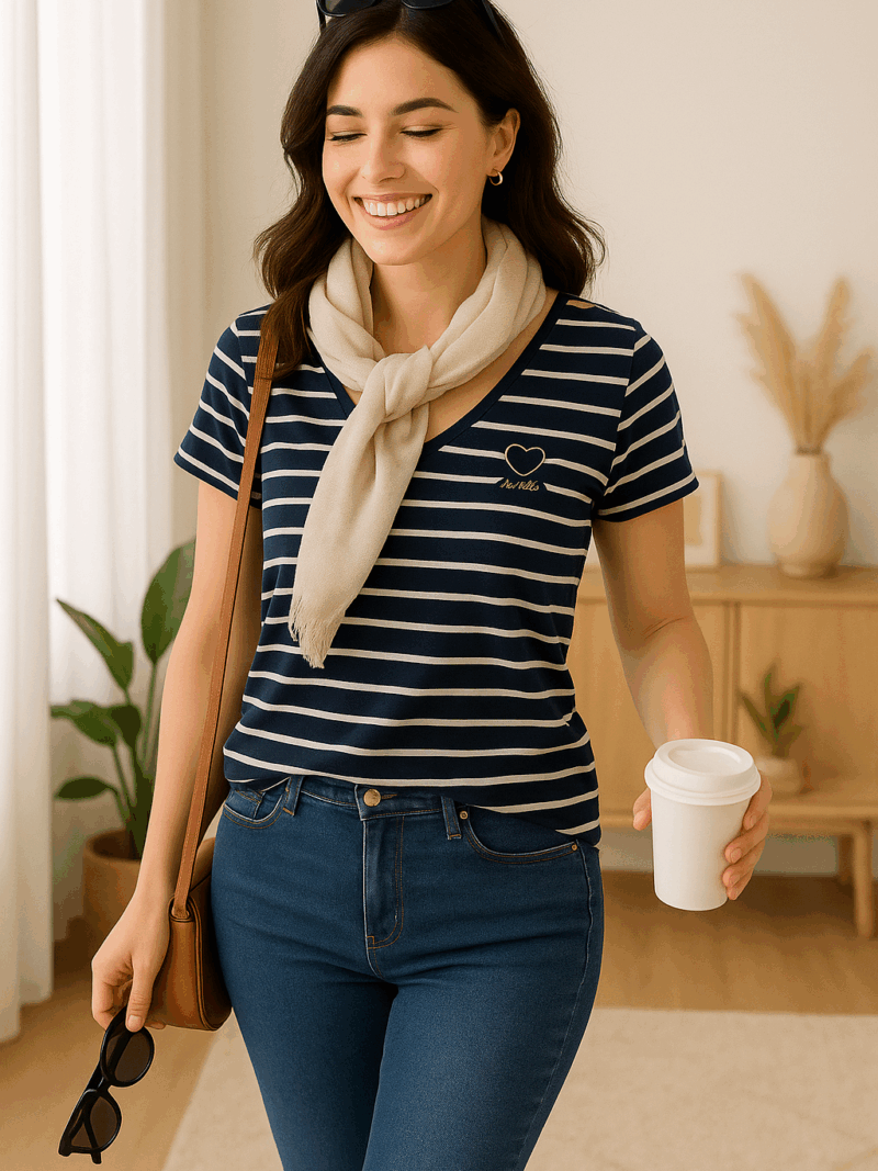 t-shirt marinière bleu marine de la marque de vêtements française c'est beau la vie, t-shirt rayé en coton pour femme porté avec un jean