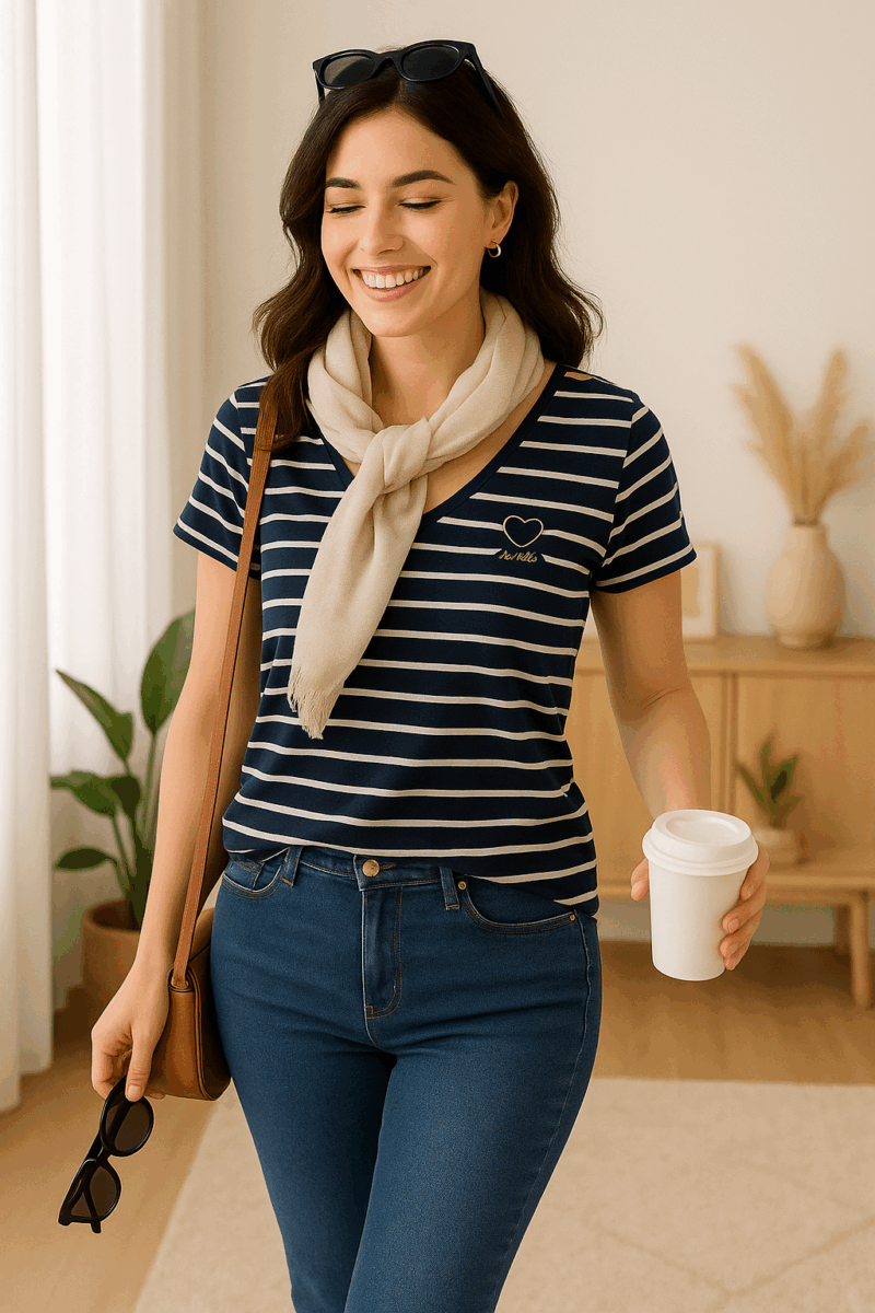 t-shirt marinière bleu marine de la marque de vêtements française c'est beau la vie, t-shirt rayé en coton pour femme porté avec un jean