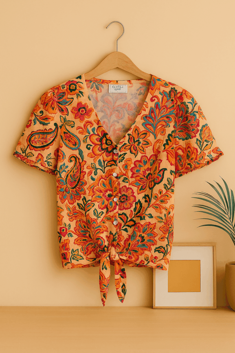 blouse c'est beau la vie imprimé fleurs avec nœud sur le bas, c'est beau la vie marque française de vêtements