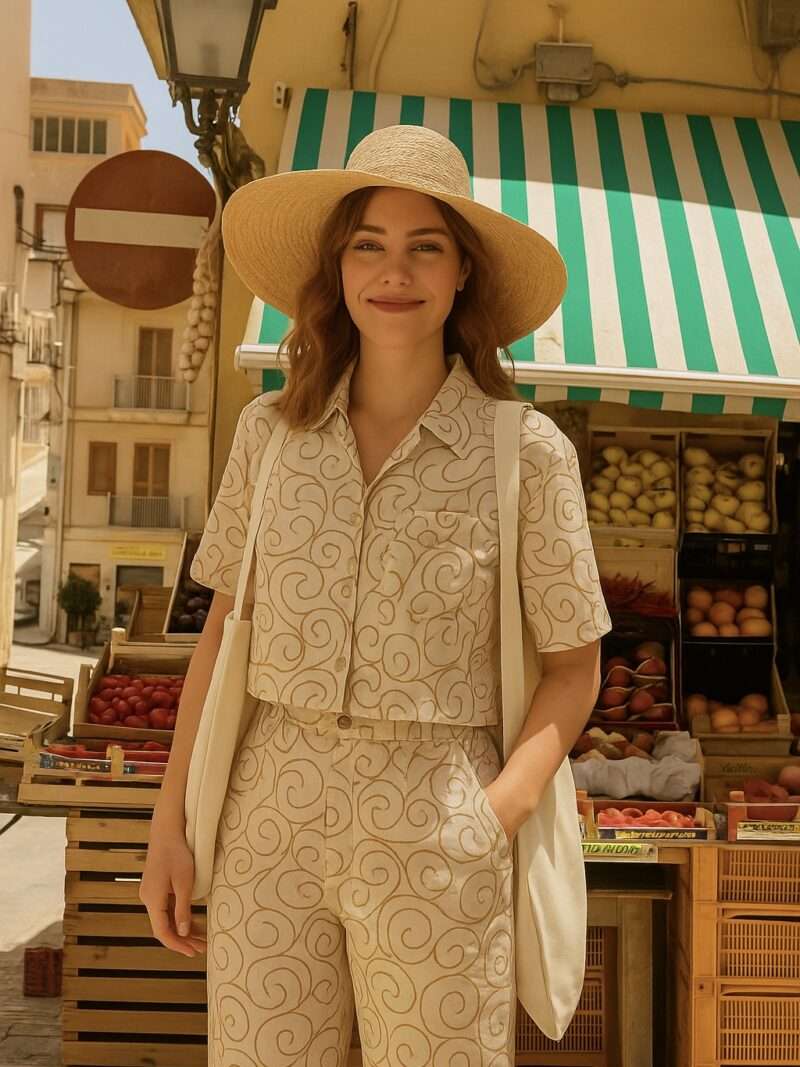 ensemble beige avec broderies collection vacances en italie , chemise et pantalon pour femme nouveautés été 2025