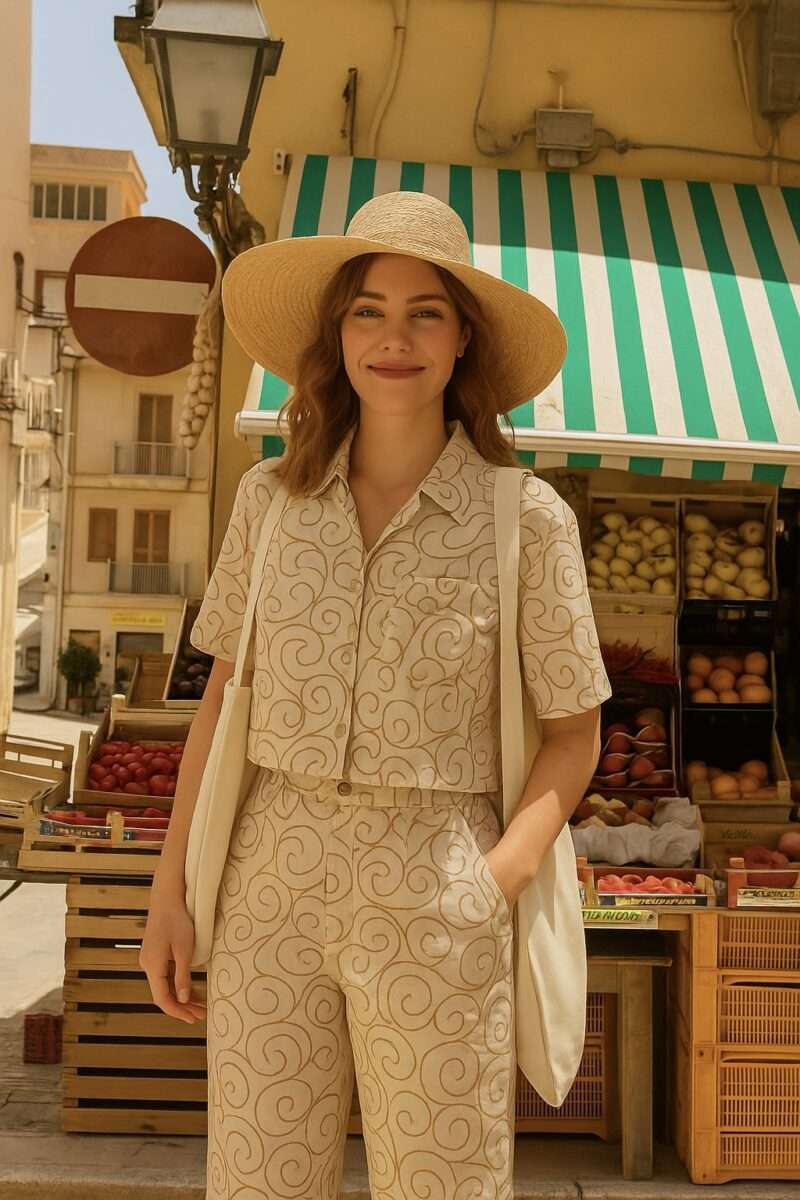 ensemble beige avec broderies collection vacances en italie , chemise et pantalon pour femme nouveautés été 2025