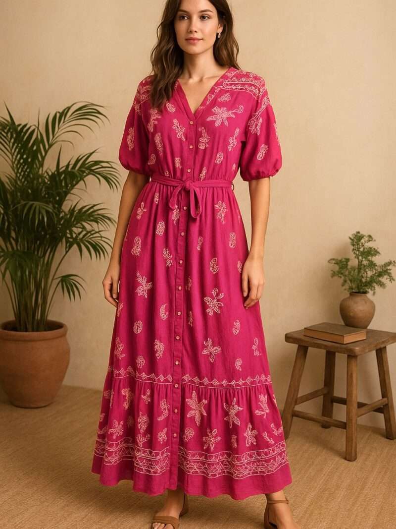 robe longue brodée rose