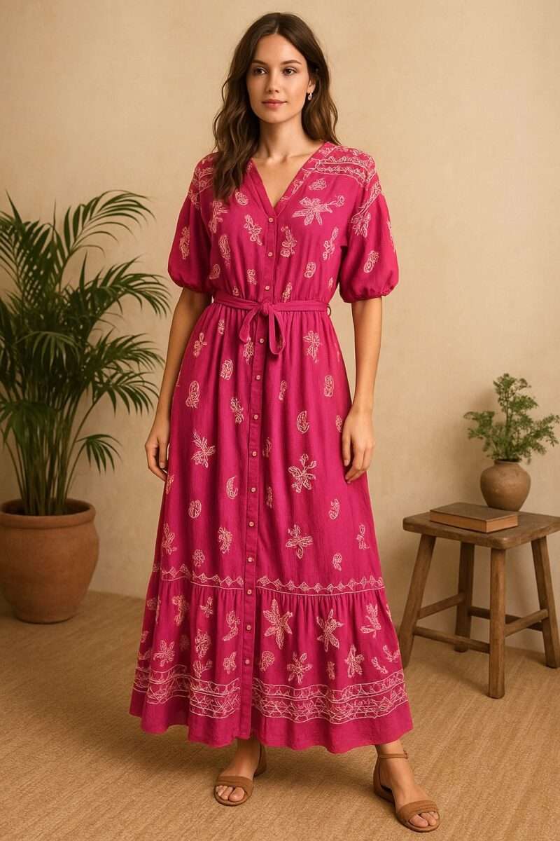robe longue brodée rose