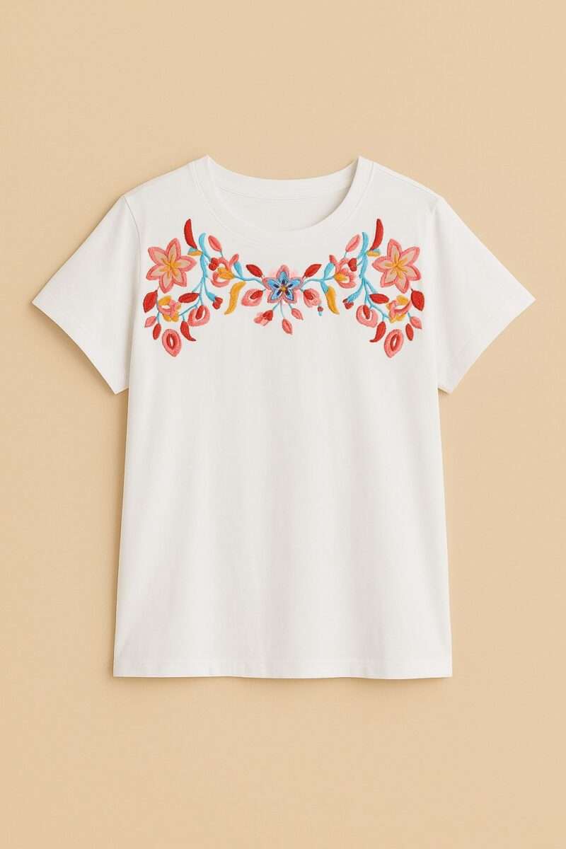 t-shirt brodé pour femme broderies colorées motif fleurs