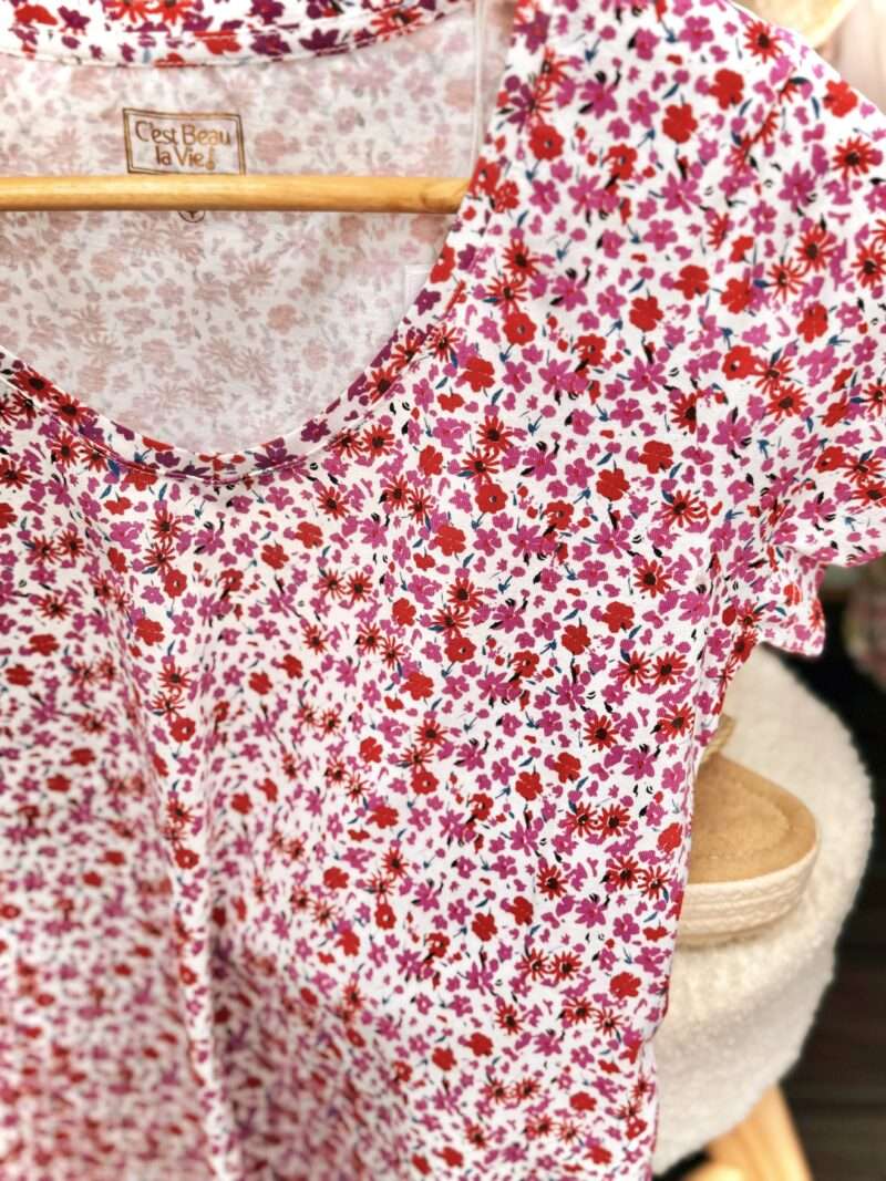 t-shirt c'est beau la vie imprimé fleuri 100% coton