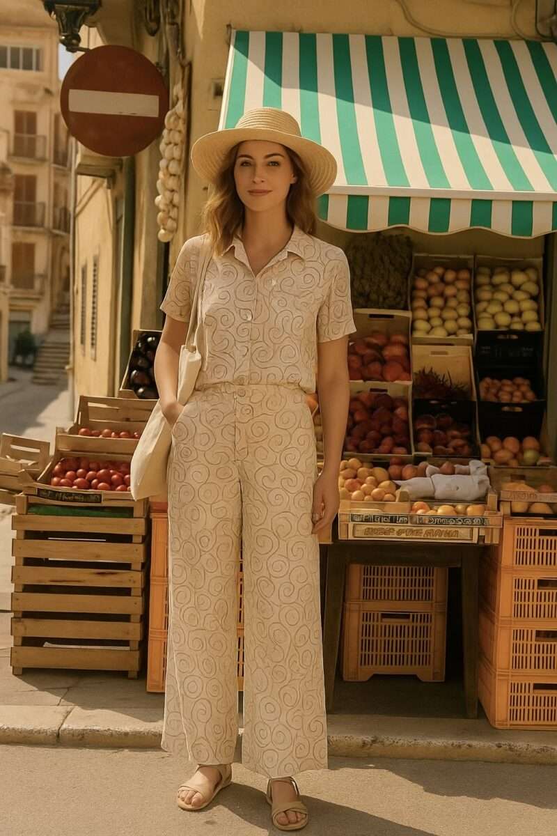 ensemble beige avec broderies collection vacances en italie , chemise et pantalon pour femme nouveautés été 2025