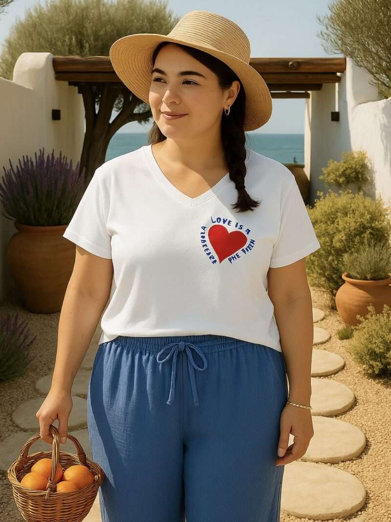 t-shirt large blanc femme grande taille imprimé cœur porté avec un pantalon large et fluide tendance été 2025 femme