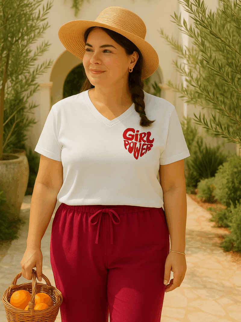 t-shirt large blanc femme grande taille imprimé funky girl power porté avec un pantalon large et fluide rose tendance été 2025 femme