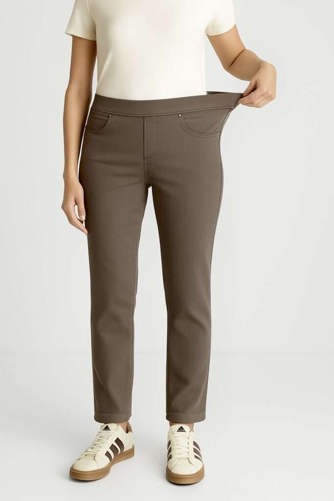 L'Effet "Jump In" : Le confort du pull-on C'est la véritable innovation qui fait toute la différence. Ce pantalon est conçu comme un "pull-on", sans fermeture éclair ni bouton visible sur le devant. Il s'enfile facilement et rapidement, comme un legging, pour un habillage sans effort. Fini les fermetures qui gênent ou les boutons difficiles à manipuler ! La Ceinture Magic : Une sensation "Vent Plats" L'Angelika intègre une ceinture élastiquée large et invisible au niveau de la taille. Ultra-douce, elle ne marque pas, ne serre pas, et offre un maintien parfait qui crée un subtil effet ventre plat. Vous vous sentirez à l'aise toute la journée, que vous soyez assise, debout ou en mouvement. Matière Stretch et Douceur Coton Fabriqué dans un mélange de haute qualité, souvent majoritairement en coton avec une généreuse touche d'élasthanne, le tissu est exceptionnellement doux et extensible. Il accompagne chacun de vos mouvements, offrant une liberté de mouvement maximale tout en conservant impeccablement sa forme, même après de nombreux lavages. La Coupe Slim Fit Sublimée Sa coupe Slim Fit (ajustée sans être moulante) sculpte la silhouette avec délicatesse. Elle allonge visuellement la jambe sans comprimer et s'ajuste parfaitement au niveau des hanches et des cuisses. C'est la garantie d'une allure moderne et dynamique sans sacrifier une once de confort. Couleurs Tendance et Polyvalentes Proposé dans les teintes Taupe ou Nougat, ce pantalon offre une palette naturelle et sophistiquée. Ces couleurs neutres sont idéales pour composer une garde-robe chic et polyvalente, s'accordant facilement avec des couleurs vives ou des tons classiques. Détails Techniques : Forme : Angelika Slim Fit (coupe ajustée). Type : Jump In (à enfiler, sans zip ni bouton apparents). Ceinture : Élastiquée confort invisible. Matière : Tissu stretch ultra-confortable. Entretien : Facile (lavable en machine). Anna Montana Angelika Jump In : Le choix de l'élégance sans contrainte, de la taille 36 à 50 ! Entdecken Sie die Anna Montana Hose Angelika Jump In Slim Fit, das beliebte Modell, das die Eleganz eines figurbetonten Schnitts mit absolutem Komfort vereint. Sie ist speziell auf die Bedürfnisse von Frauen ab 50 Jahren in ganz Deutschland und darüber hinaus zugeschnitten. Warum die Angelika Jump In Ihr Bester Verbündeter wird: Der "Jump In"-Effekt: Der Pull-on-Komfort Dies ist die wahre Innovation, die den Unterschied macht. Diese Hose ist als "Jump In" (Pull-on) konzipiert, ohne sichtbaren Reißverschluss oder Knopf vorne. Sie lässt sich einfach und schnell wie eine Leggings anziehen, für müheloses Ankleiden. Schluss mit störenden Verschlüssen oder schwer zu handhabenden Knöpfen! Der Magic-Bund: Ein "Flacher Bauch"-Gefühl Die Angelika verfügt über einen breiten, unsichtbaren Komfort-Gummibund in der Taille. Er ist besonders weich, engt nicht ein und bietet perfekten Halt, der einen dezenten Flacher-Bauch-Effekt erzeugt. Sie werden sich den ganzen Tag wohlfühlen, egal ob Sie sitzen, stehen oder in Bewegung sind. Stretch-Material und Baumwollweichheit Hergestellt aus einer hochwertigen Mischung, oft hauptsächlich aus Baumwolle mit einem großzügigen Anteil an Elastan, ist der Stoff außergewöhnlich weich und dehnbar. Er macht jede Bewegung mit und bietet maximale Bewegungsfreiheit, während er seine Form auch nach vielen Wäschen tadellos behält. Der Slim Fit Schnitt, Neu Interpretiert Ihr Slim Fit Schnitt (eng anliegend, aber nicht hauteng) formt die Figur sanft. Er streckt das Bein optisch, ohne zu drücken, und passt sich perfekt an Hüfte und Oberschenkel an. Dies garantiert einen modernen und dynamischen Look, ohne auf ein Quäntchen Komfort verzichten zu müssen. Trendige und Vielseitige Farben Angeboten in den Farbtönen Taupe oder Nougat, bietet diese Hose eine natürliche und anspruchsvolle Farbpalette. Diese neutralen Farben sind ideal für eine schicke und vielseitige Garderobe und lassen sich leicht mit kräftigen oder klassischen Tönen kombinieren.