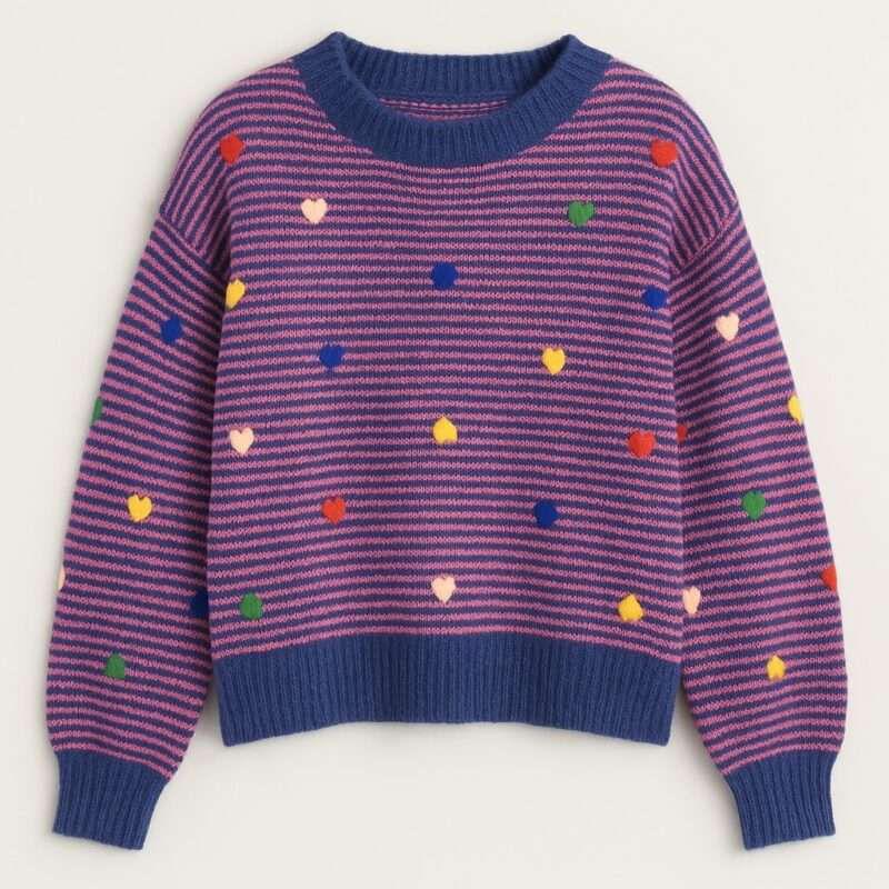 Pull col rond femme ou enfant rayé rose fuchsia et bleu marine, cœurs brodés en relief colorés.
