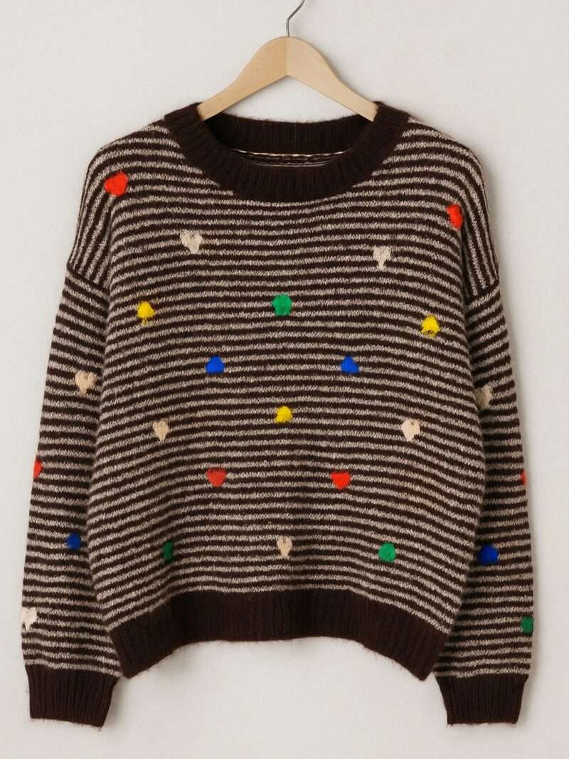 Pull en Maille Rayé Cœurs Multicolores