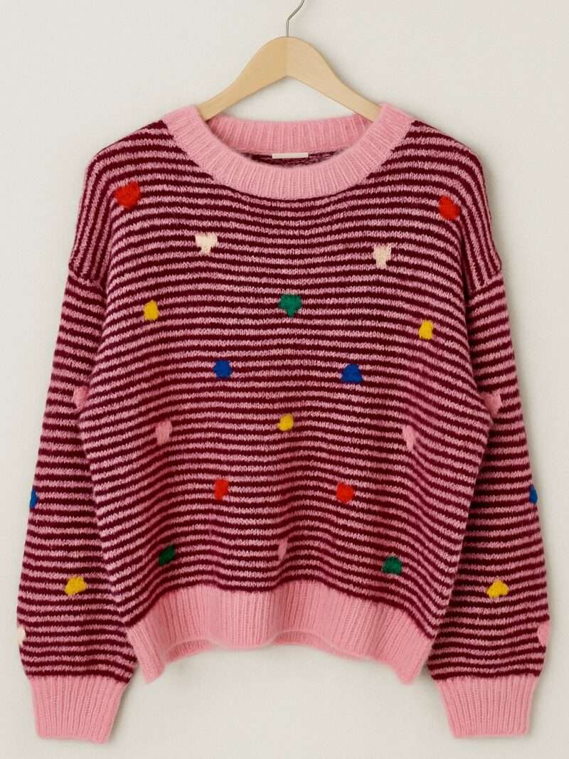 Pull en Maille Rayé Cœurs Multicolores