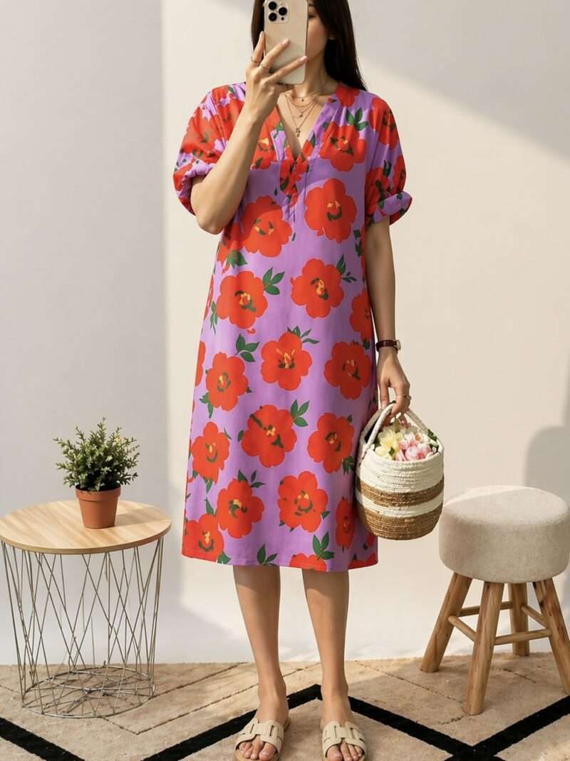 Robe mi-longue coquelicots