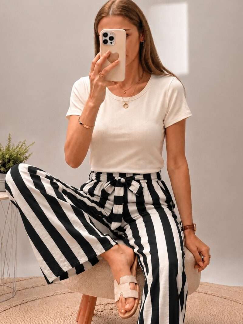 Pantalon élastiqué rayé