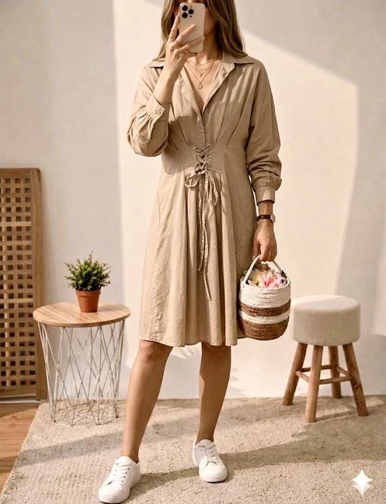 Robe chemise beige nouée
