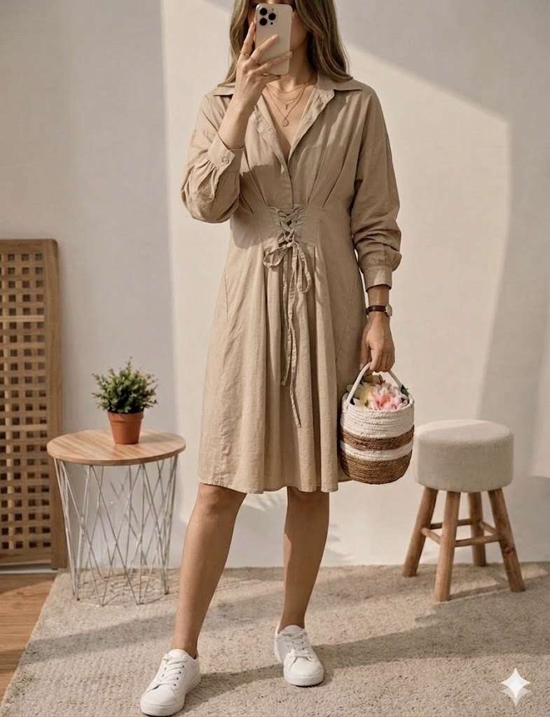 Robe chemise beige nouée