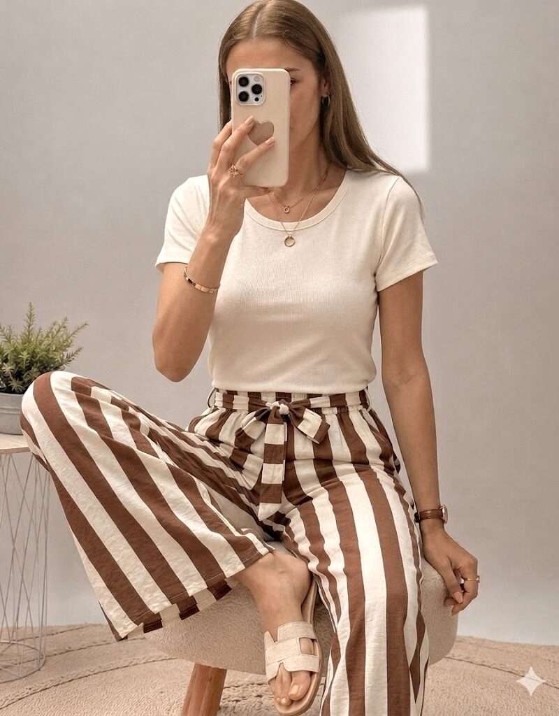 Pantalon élastiqué rayé