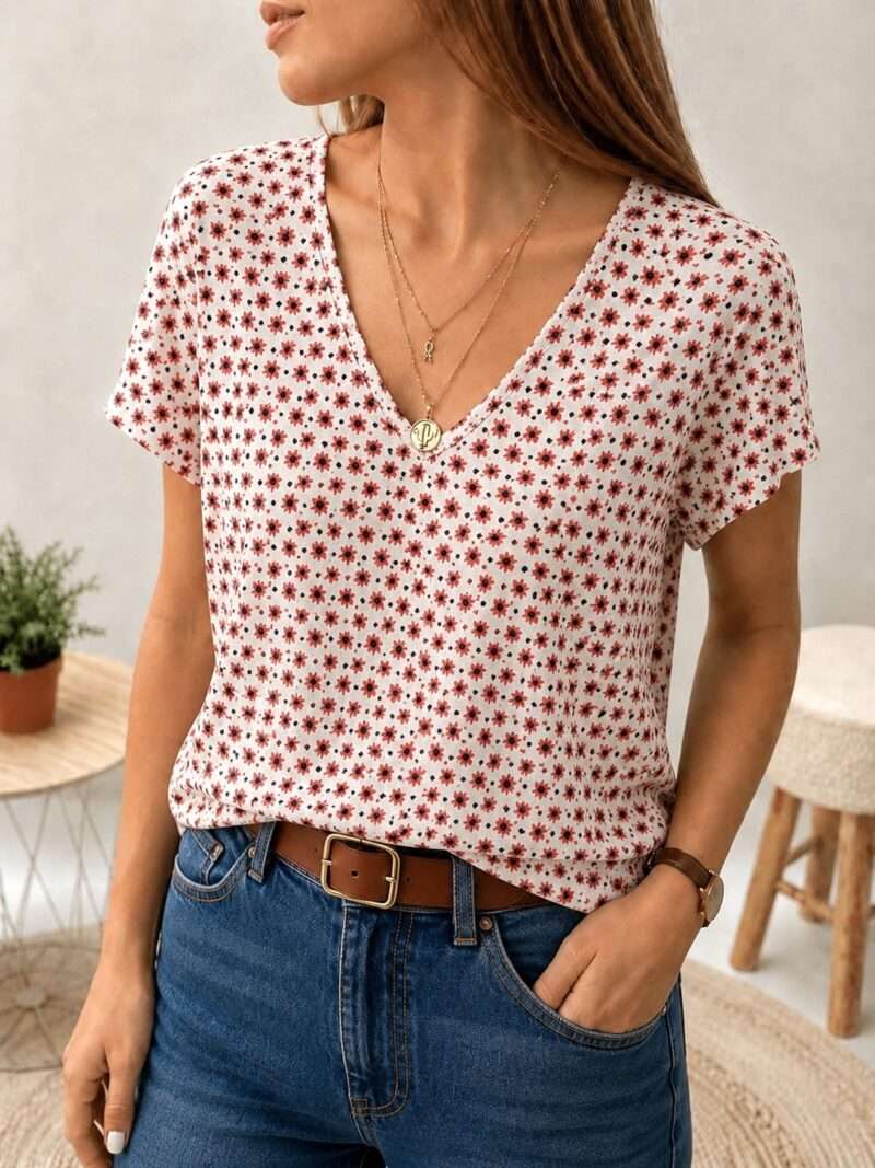 t-shirt col v à motifs