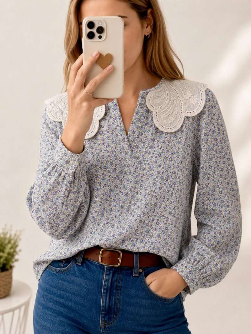Blouse fleurie col dentelle