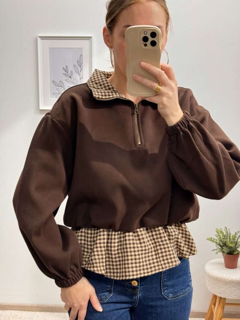 Pull vichy marron col zippé